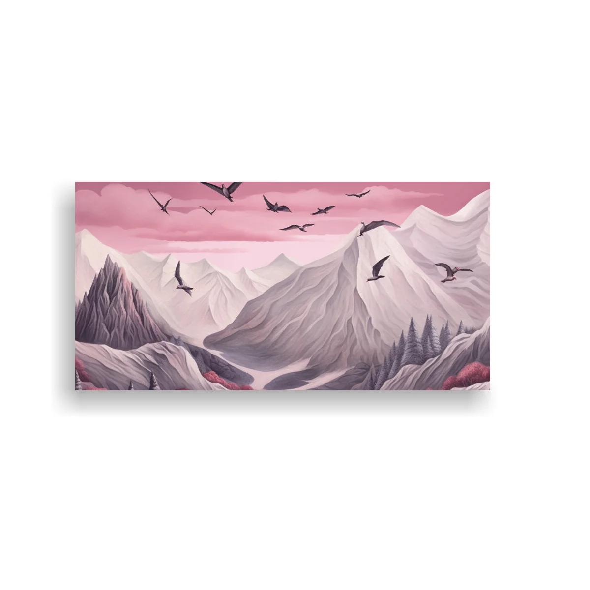 Cuadro cordillera de montañas nevadas con cielo rosa