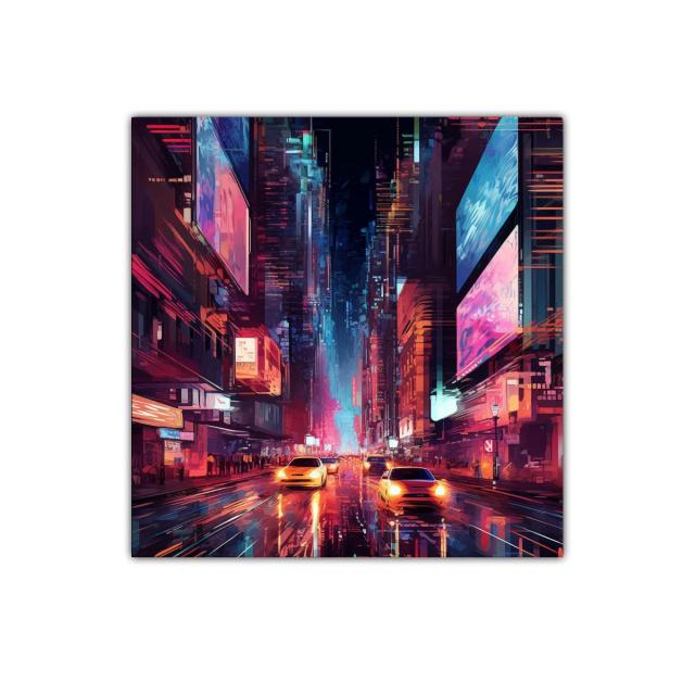 Ciudad nocturna vibrante con luces de neón y tráfico urbano