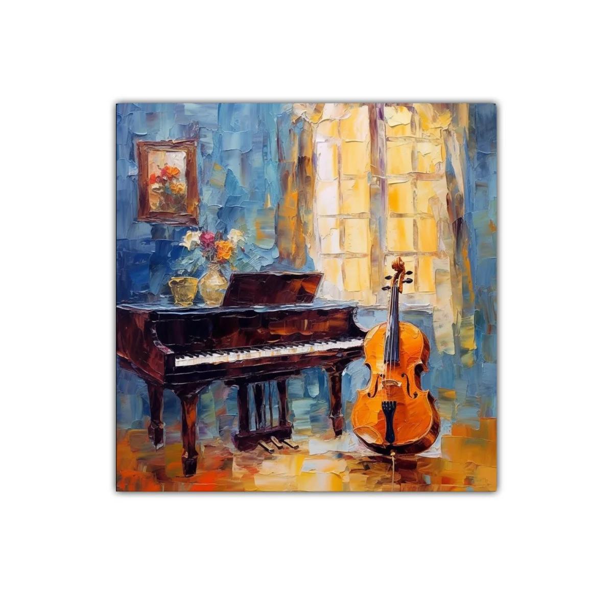 Ambiente musical con piano y violonchelo iluminado — imagen principal