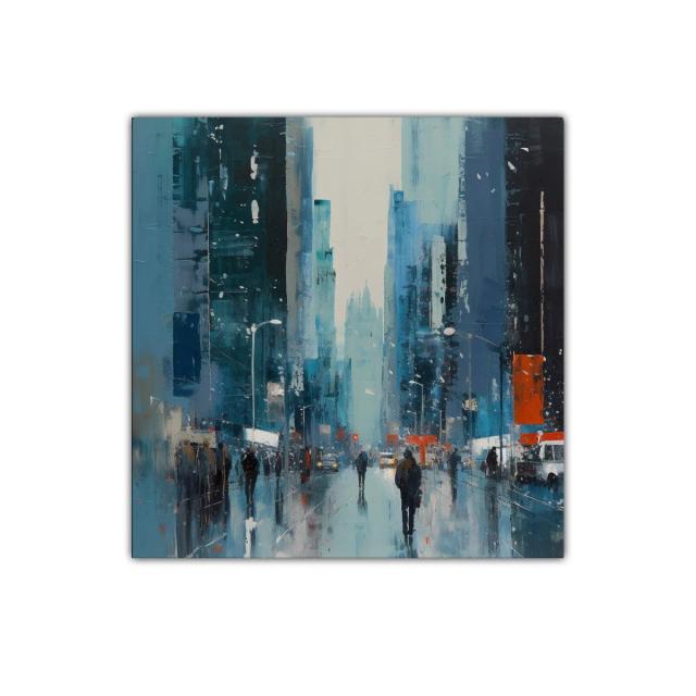 Ciudad imponente bajo lluvia con tonos fríos y destellos cálidos