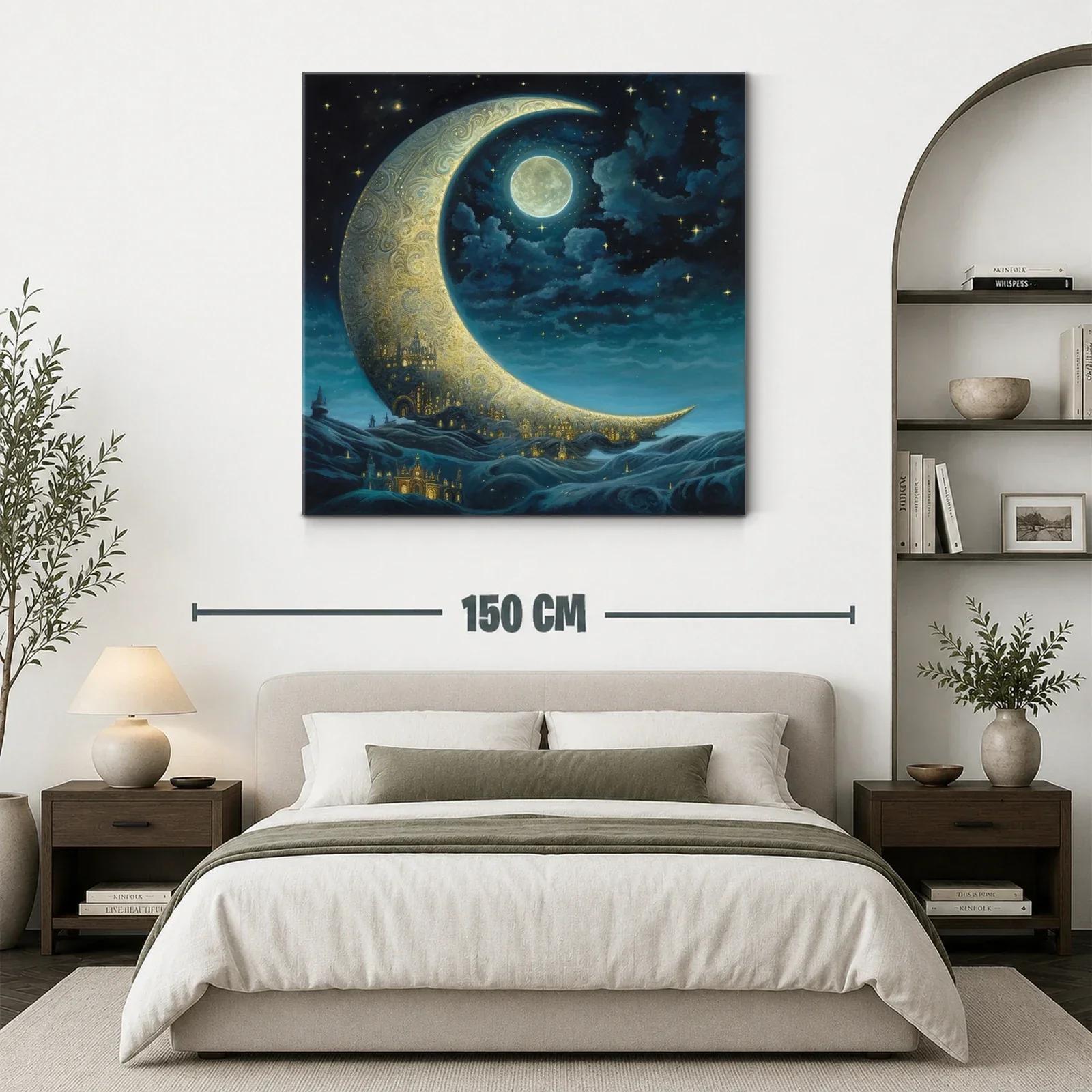 Paisaje nocturno con luna creciente y ciudad dorada — miniatura 3