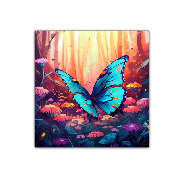 Mariposa azul vibrante en jardín de flores coloridas