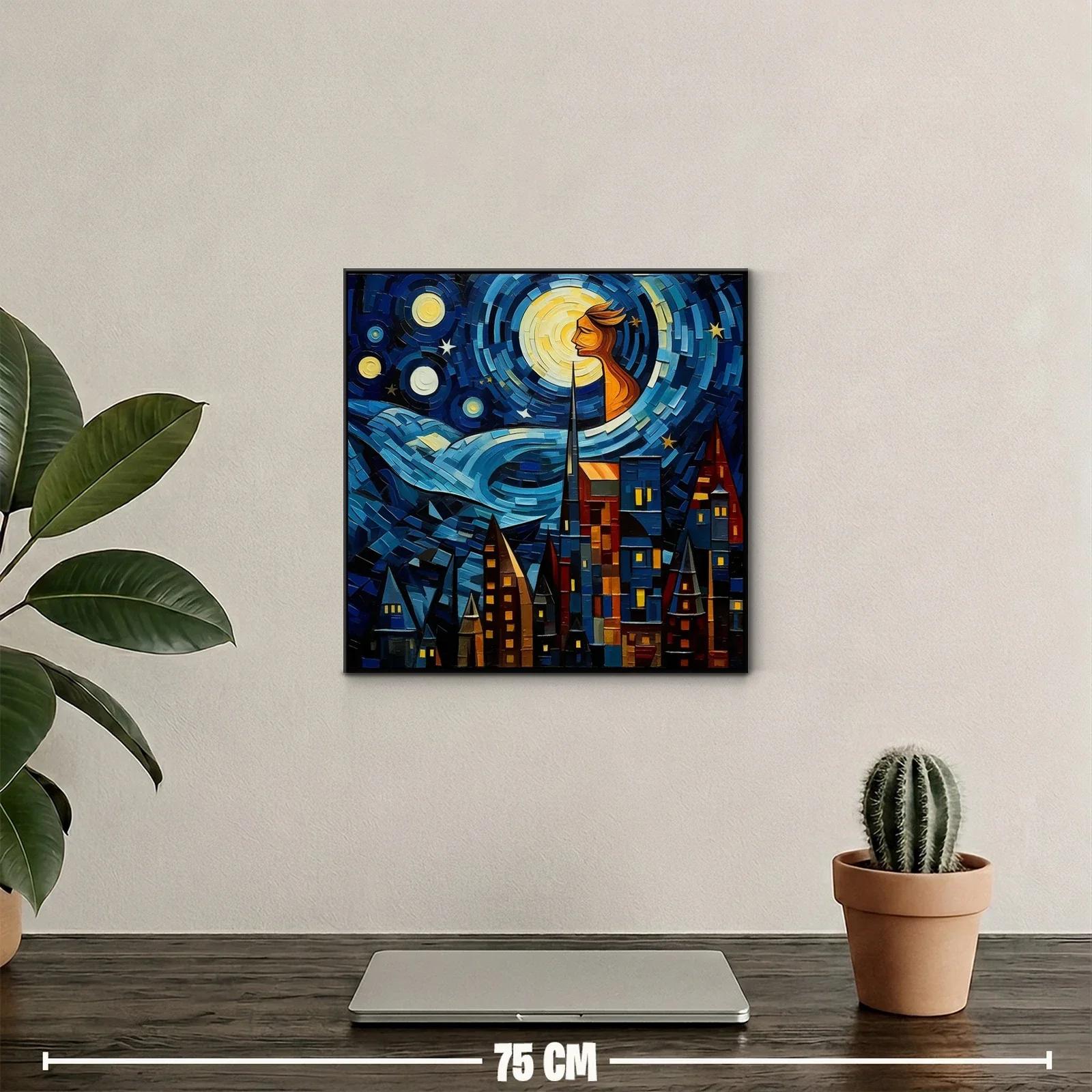 Paisaje urbano bajo un cielo estrellado con figura luminosa — miniatura 2