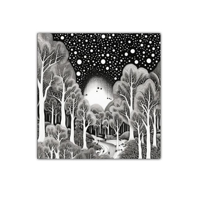 Bosque mágico bajo un cielo estrellado en blanco y negro