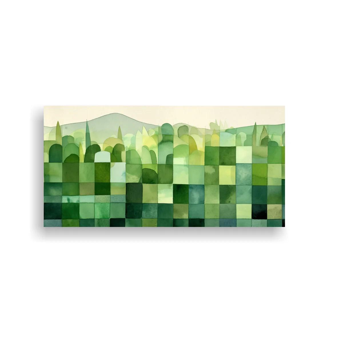 Cuadro paisaje geométrico verde con siluetas redondeadas