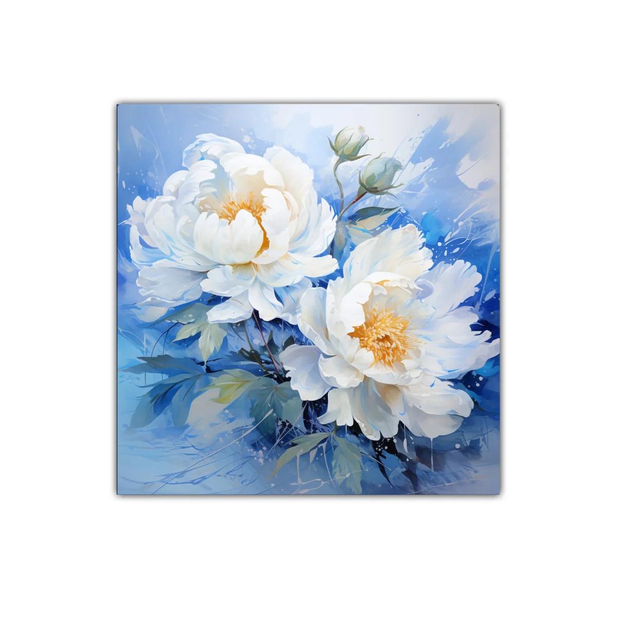 Cuadro floral con peonías blancas sobre fondo azul
