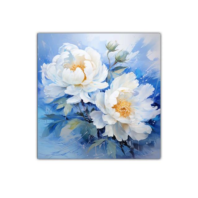 Cuadro floral con peonías blancas sobre fondo azul