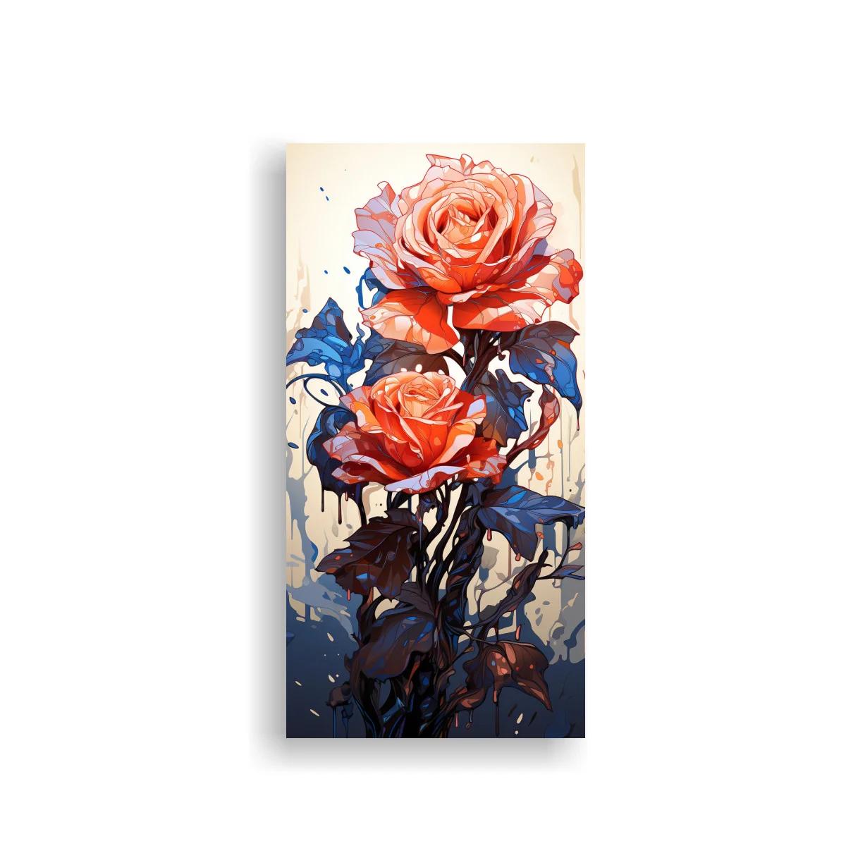 Cuadro rosas coral con hojas azul grisáceas