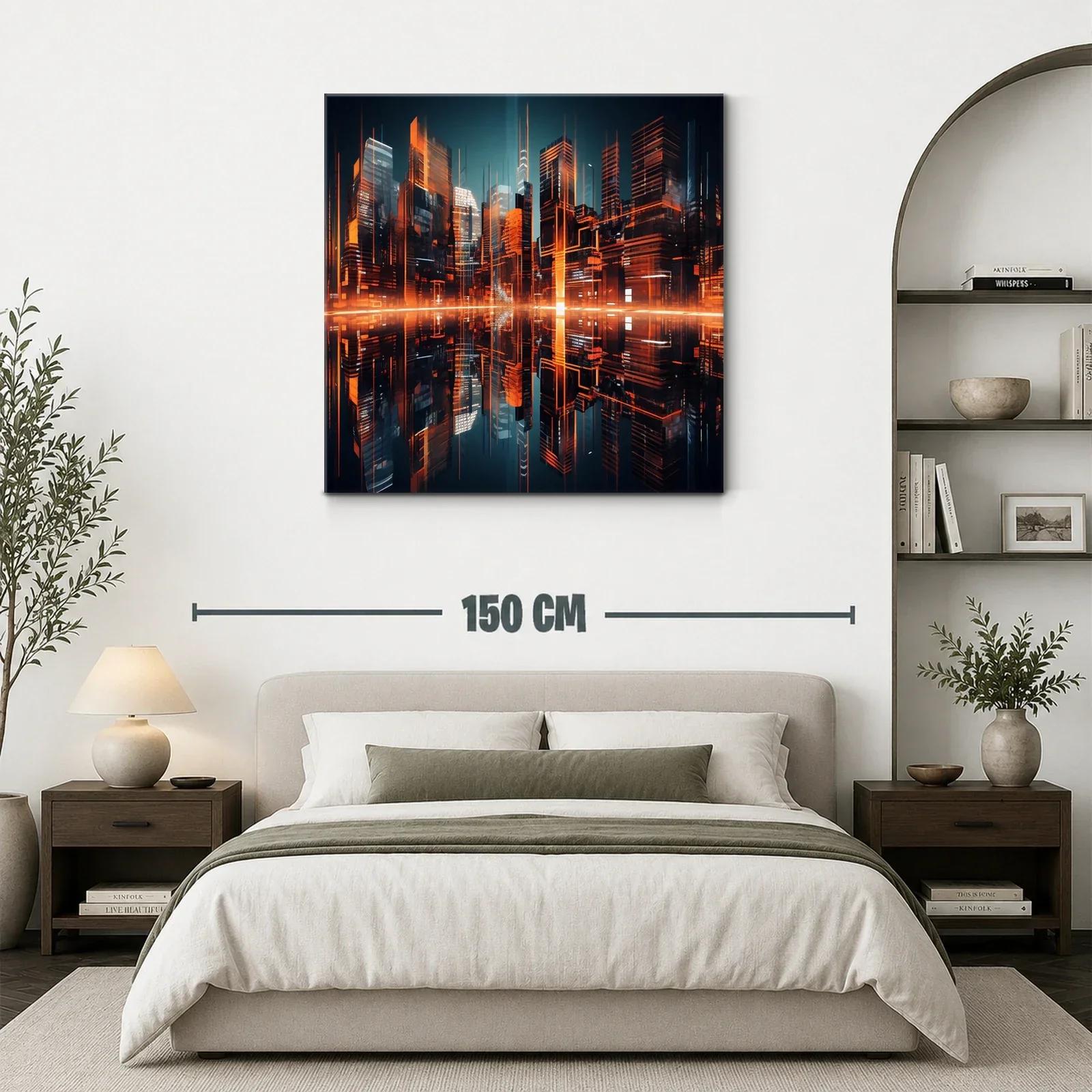 Ciudad futurista iluminada con reflejos naranjas vibrantes — miniatura 3