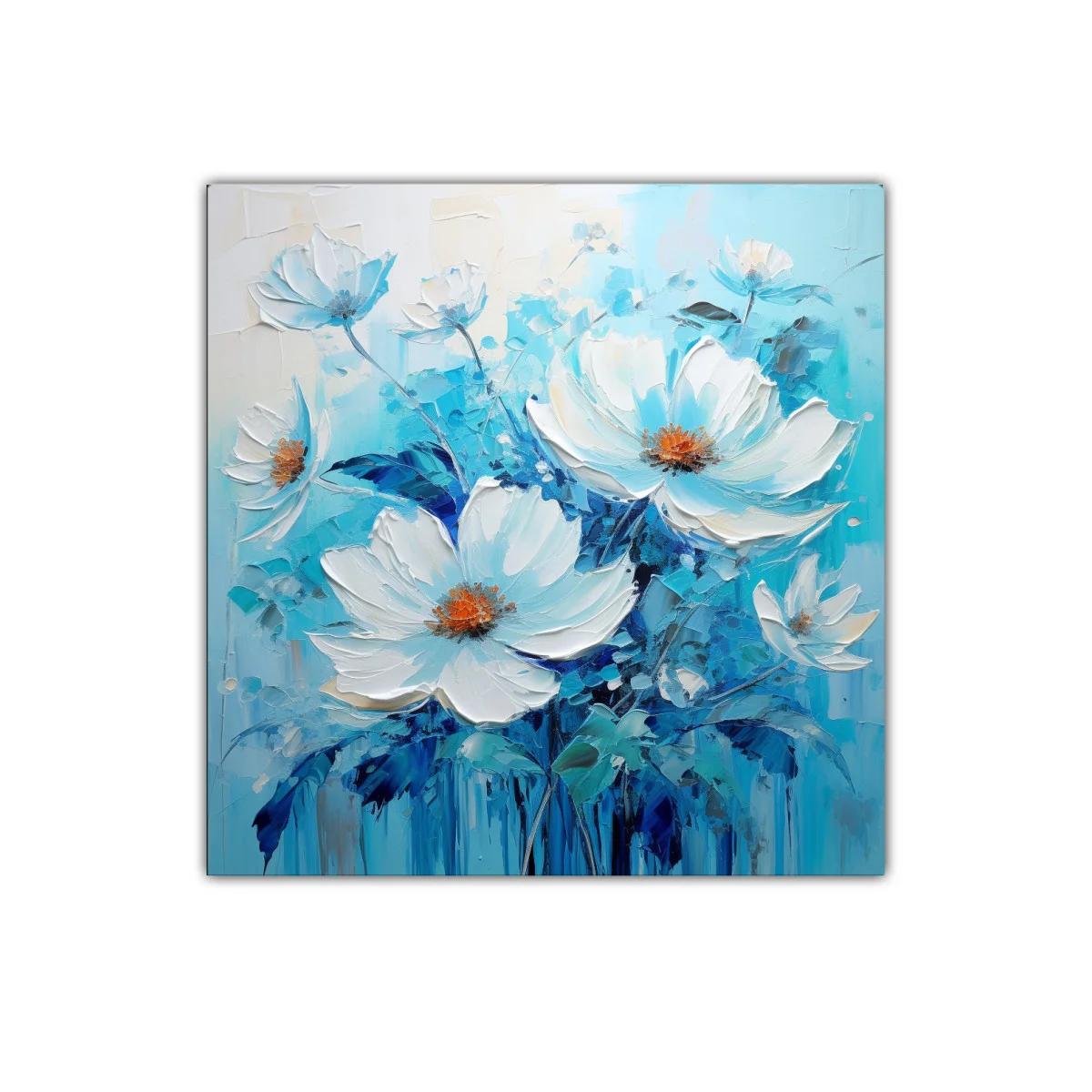 Cuadro floral con vibrantes tonos azules y blancos