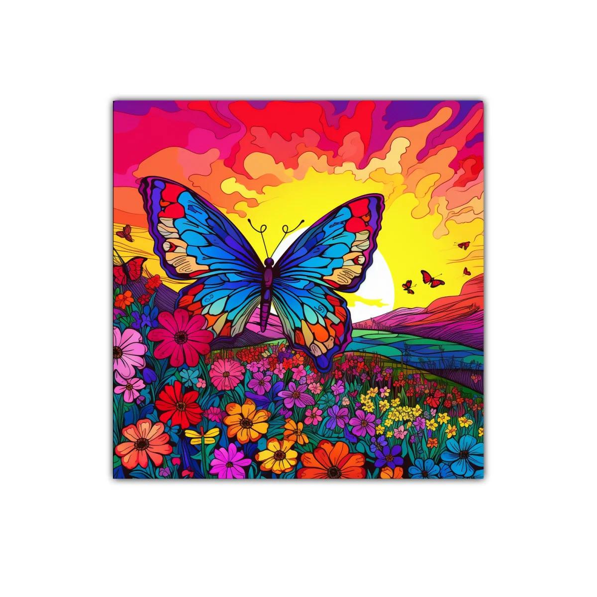 Mariposa vibrante en pradera de flores multicolor — imagen principal