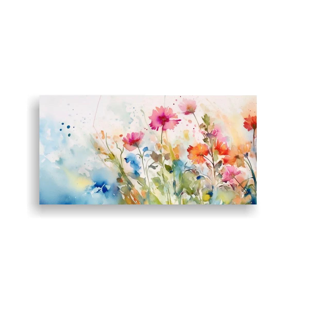 Cuadro flores silvestres en acuarela con tonos rosa naranja y azul — imagen principal