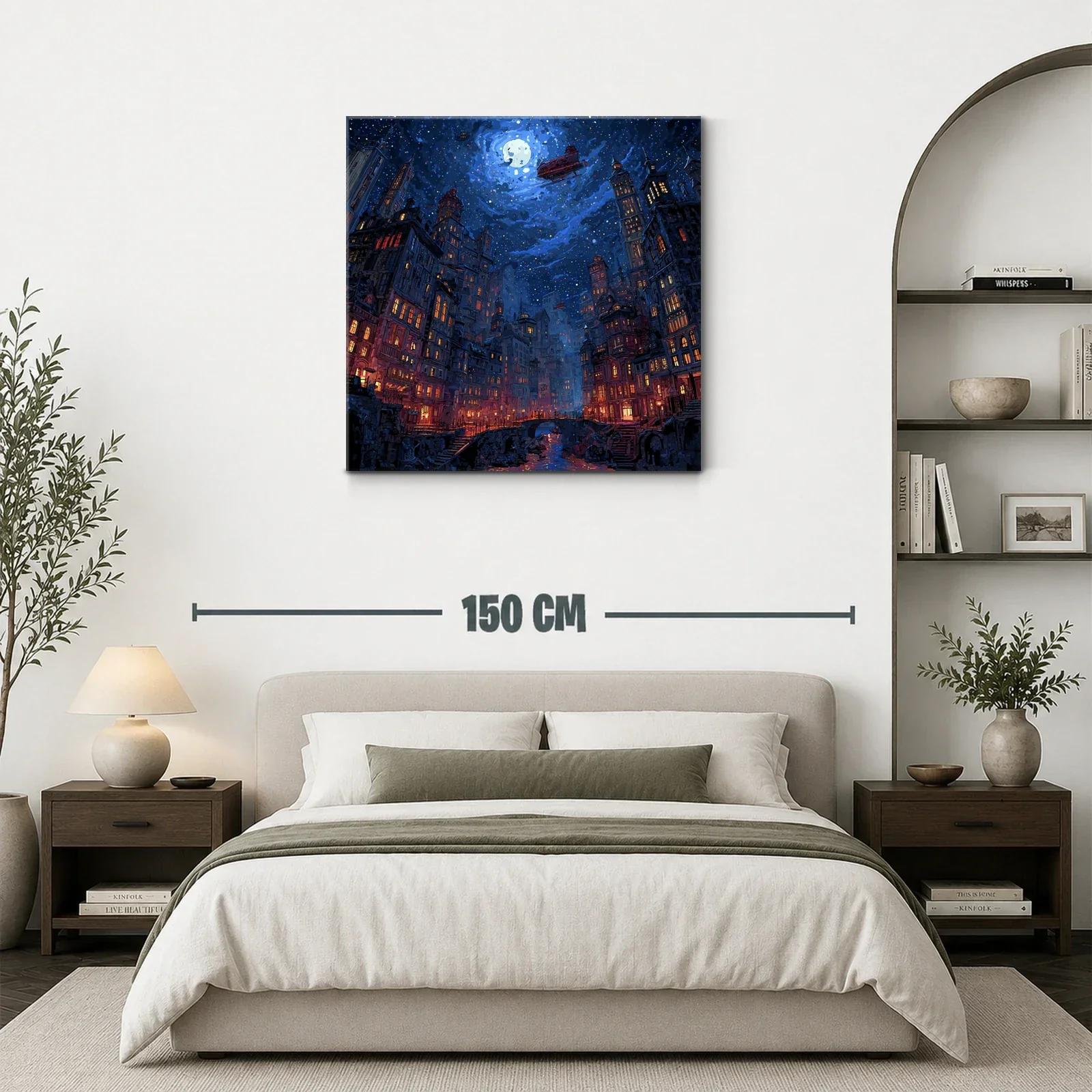 Ciudad nocturna bajo un cielo estrellado y luna llena — miniatura 3