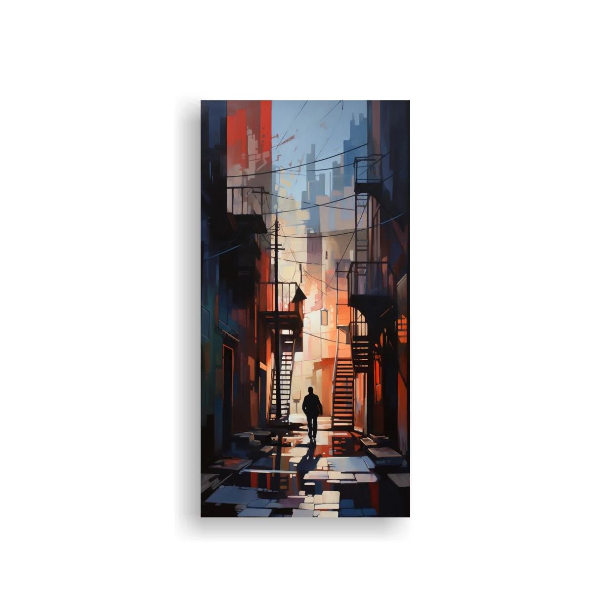 Cuadro callejón urbano con reflejos cálidos