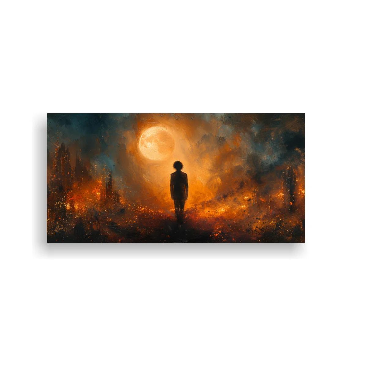 Cuadro figura humana solitaria ante luna llena y humo