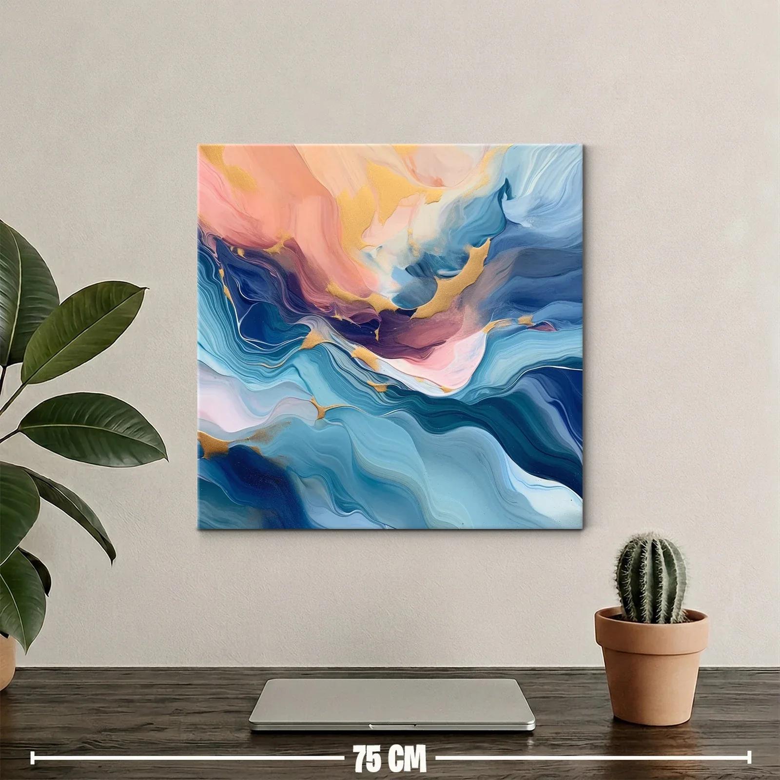 Cuadro abstracto en tonos azules y dorados con toques rosados — miniatura 2
