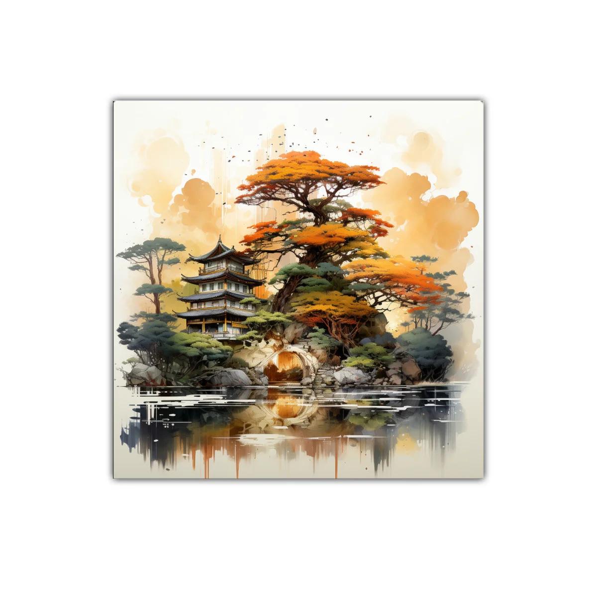 Paisaje asiático con árboles otoñales y templo tradicional — imagen principal