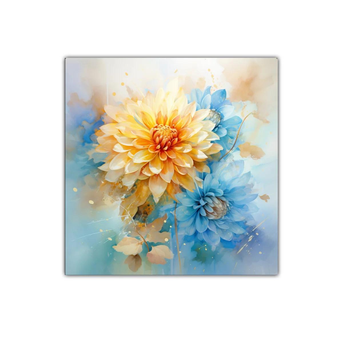 Cuadro floral con pétalos en tonos cálidos y azules suaves