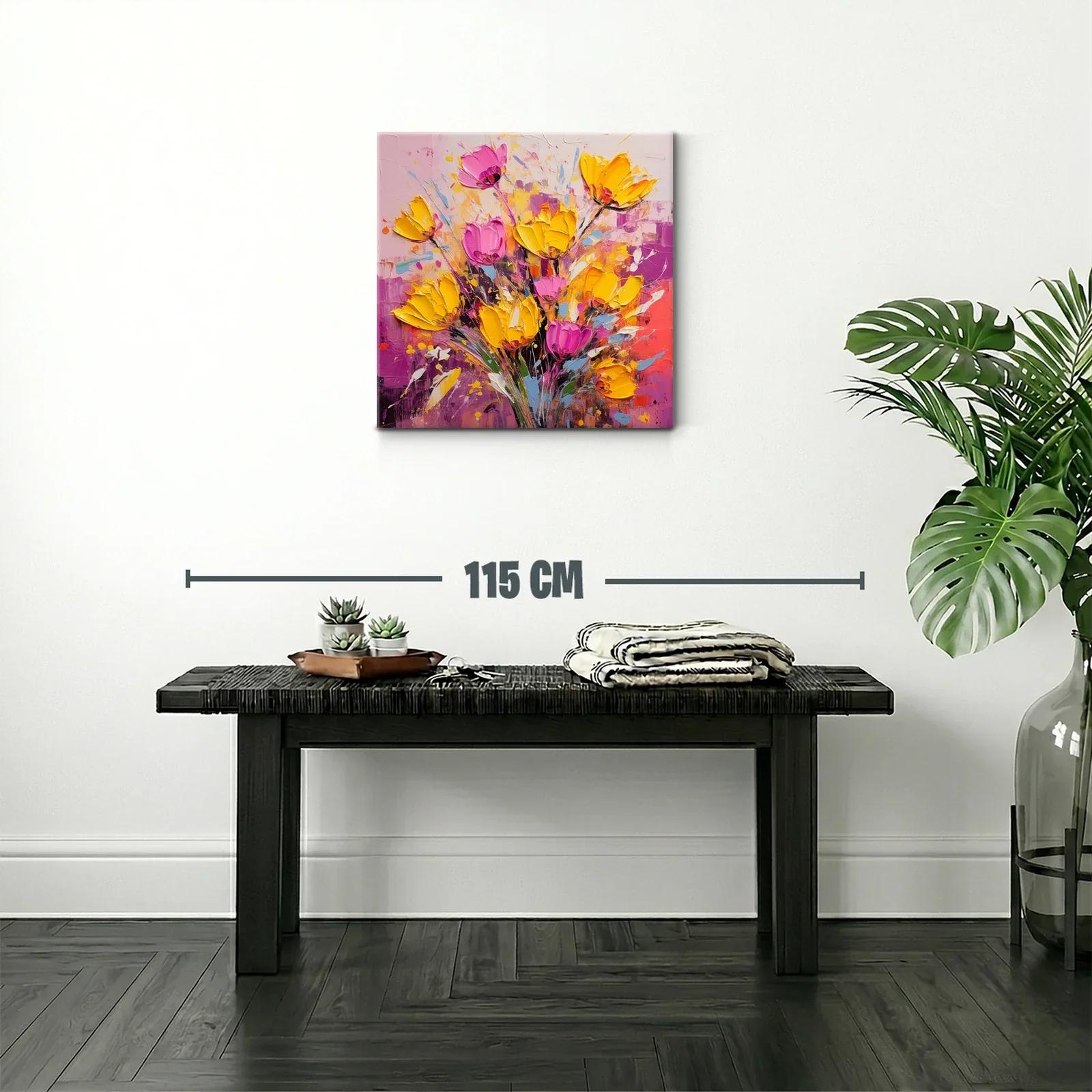 Cuadro floral vibrante con tonos amarillos y rosas intensos — miniatura 2