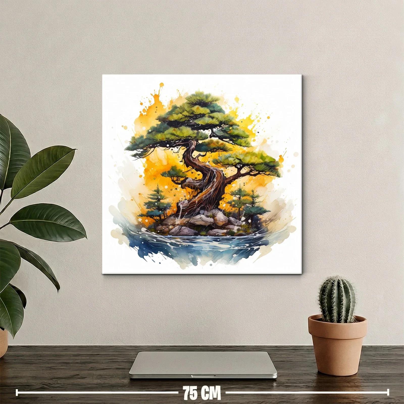 Árbol bonsái con paisaje vibrante y acuarela expresiva — miniatura 2