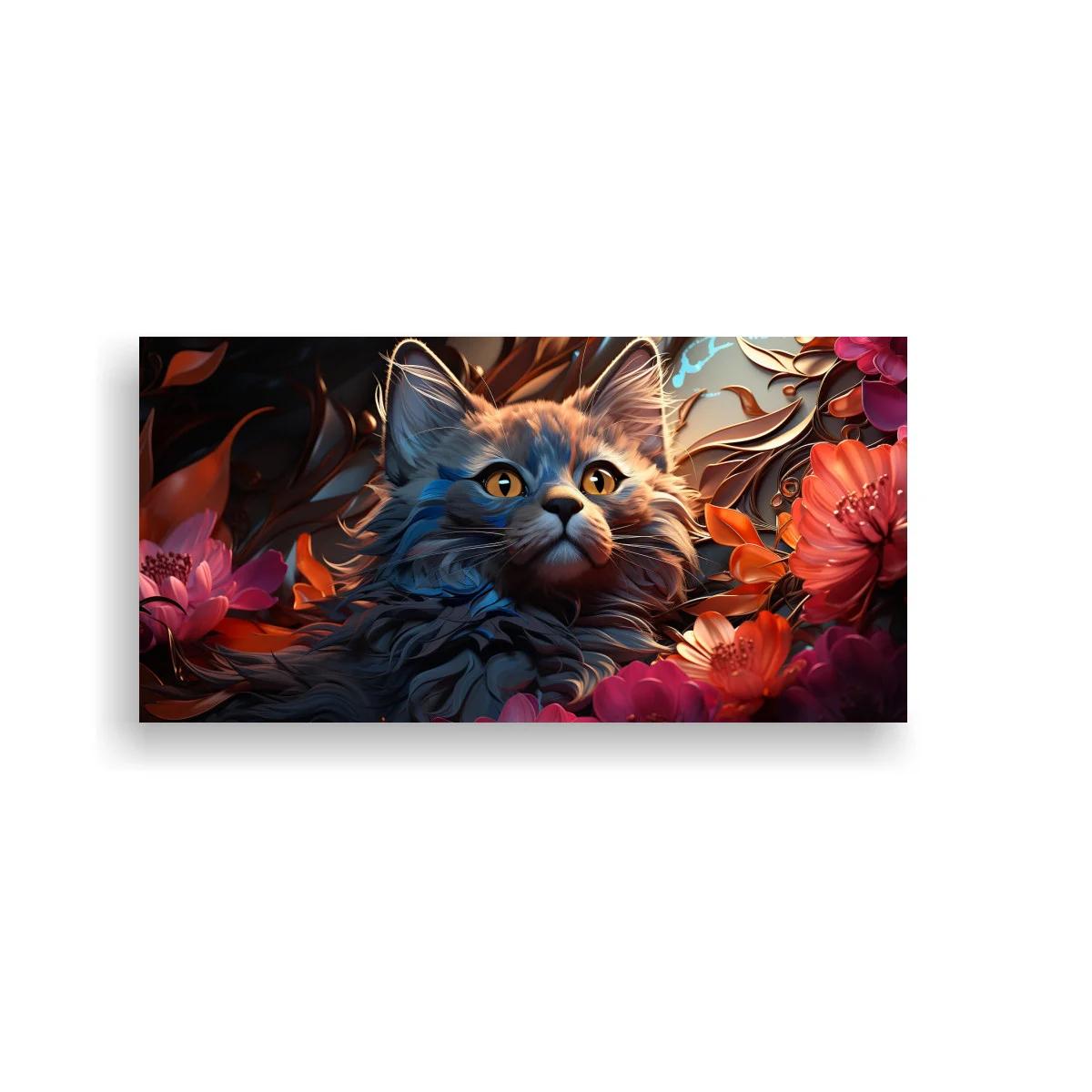 Cuadro gato de pelo largo entre flores y follaje