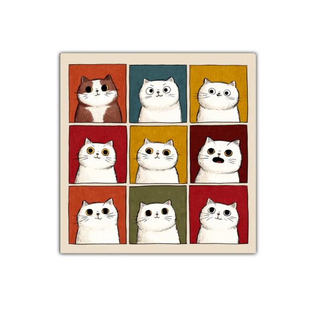 Cuadro decorativo de gatos con fondo colorido y expresiones variadas