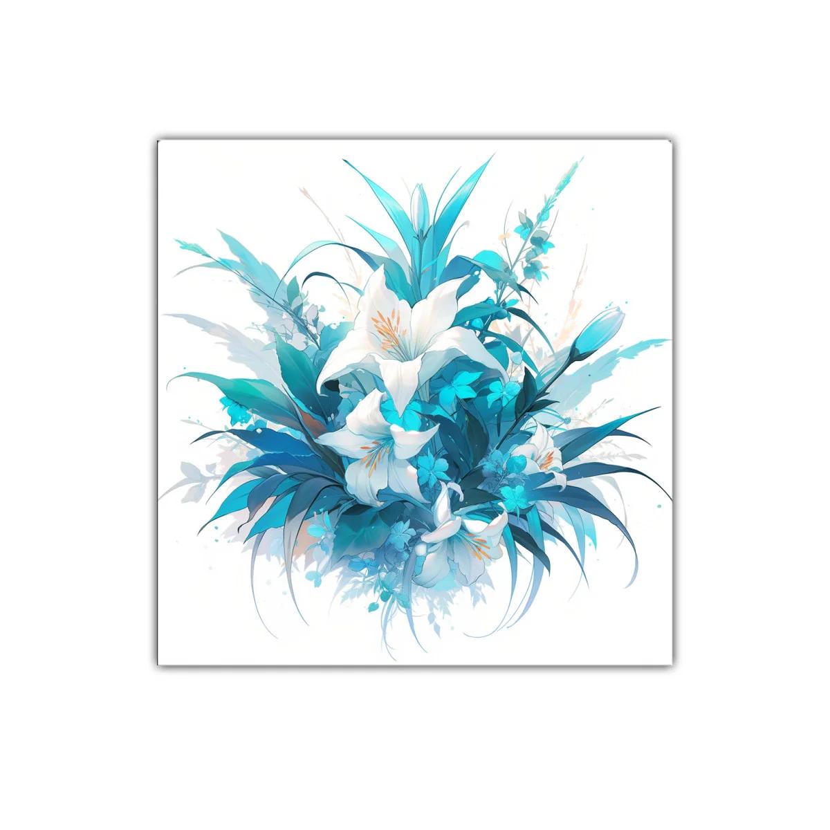 Cuadro floral con lirios en tonos azules y blancos