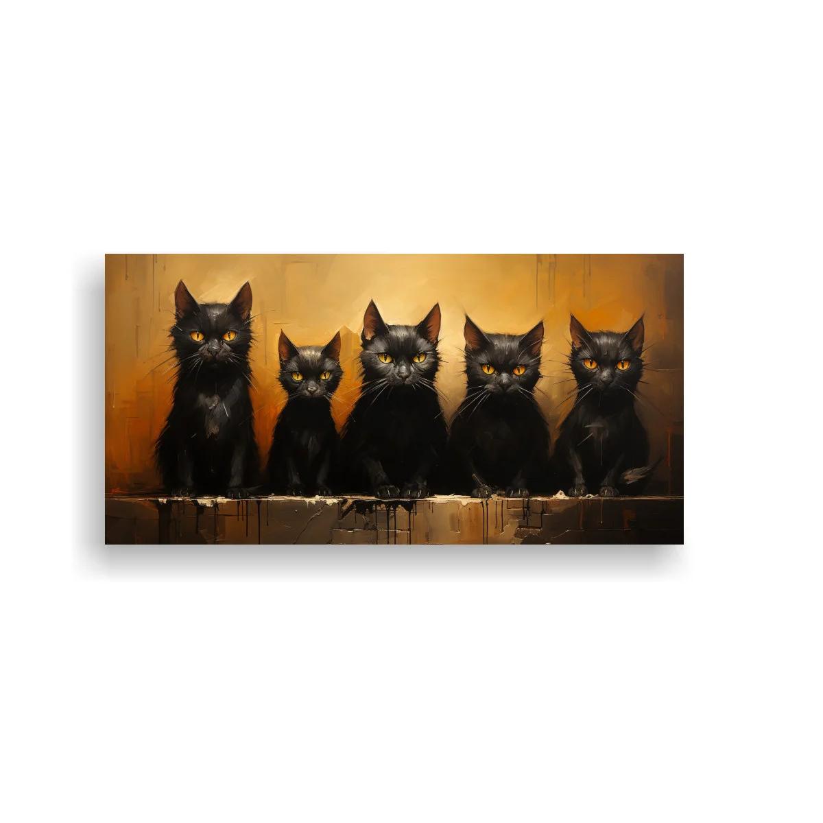 Cuadro cinco gatos negros con ojos ámbar