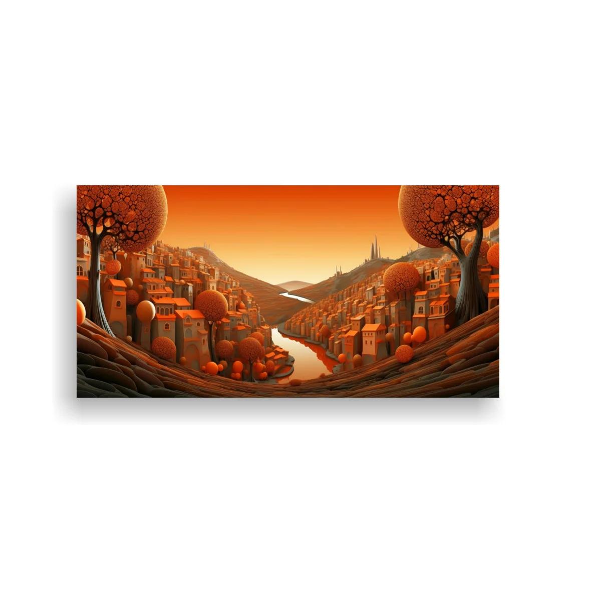 Cuadro paisaje de pueblo entre colinas otoñales con torres lejanas