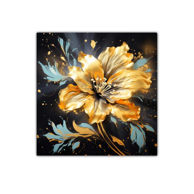 Flor dorada brillante con detalles en azul suave