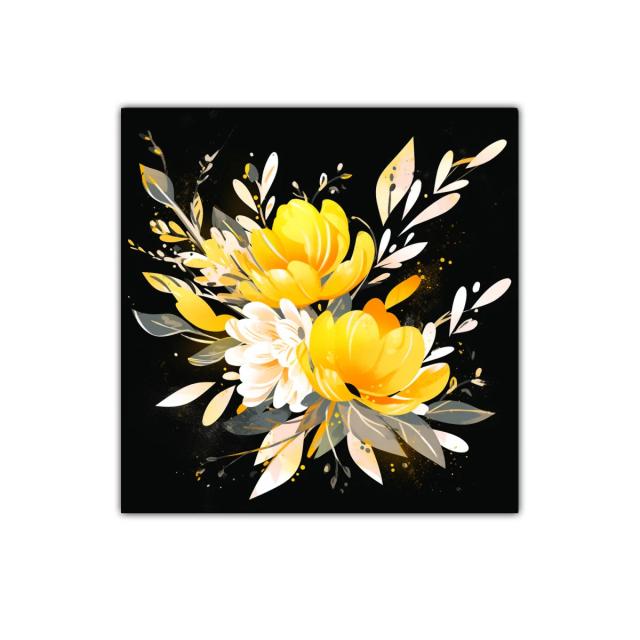 Cuadro floral con vibrantes flores amarillas y hojas delicadas