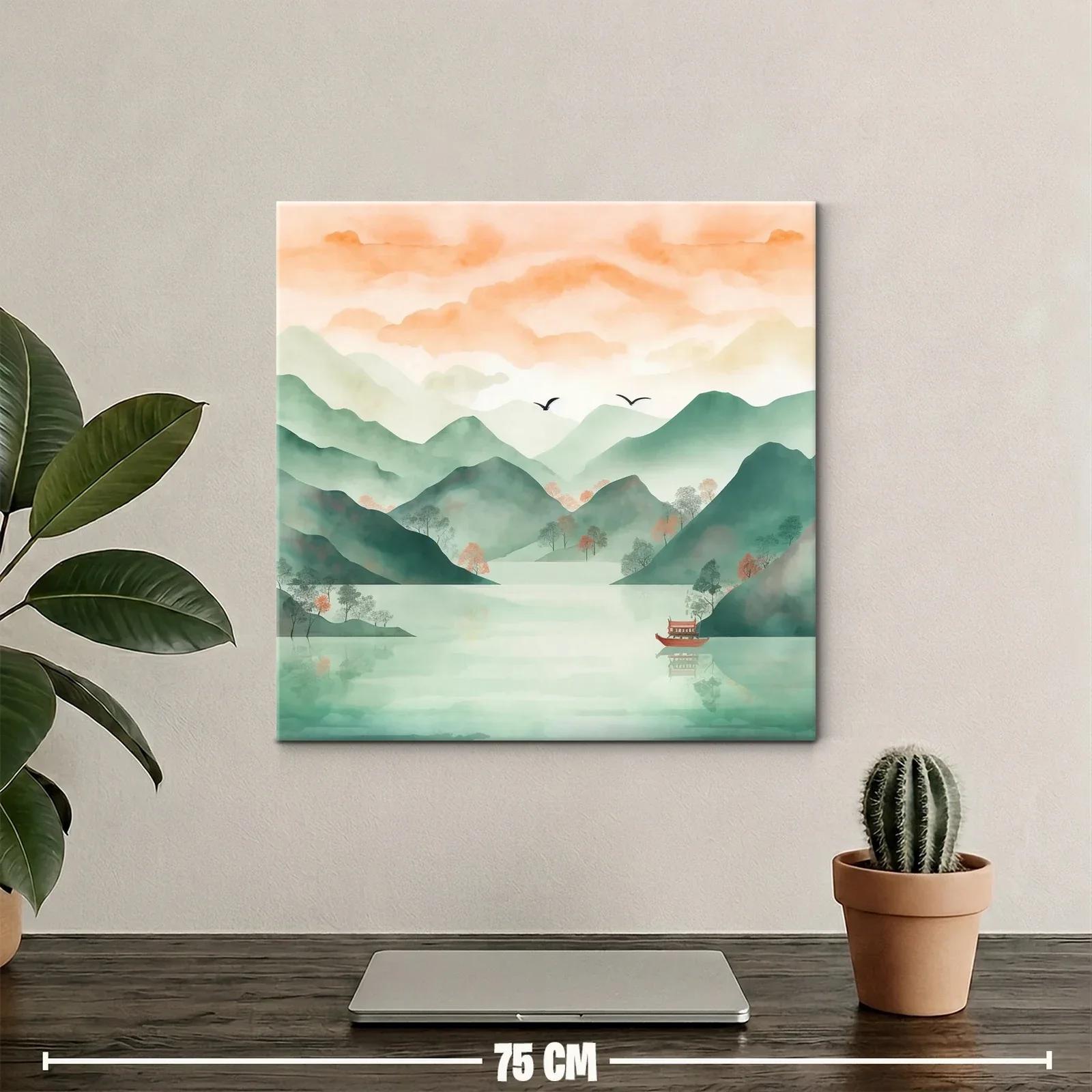Serena escena de montañas y lago con tonos pastel cálidos — miniatura 2