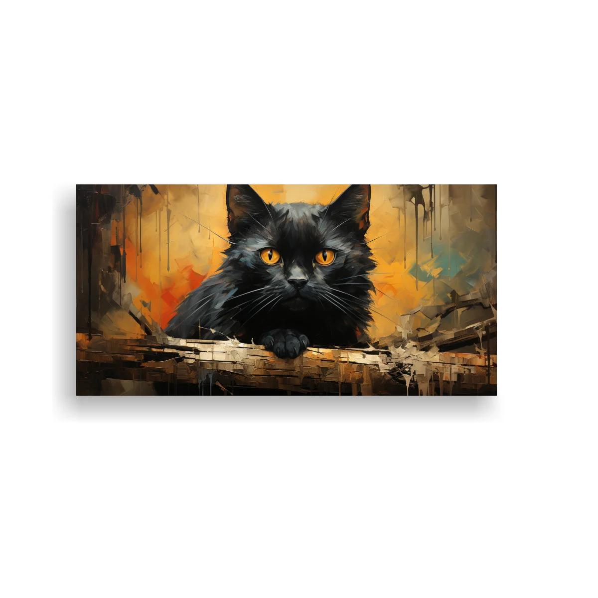 Cuadro gato negro de ojos ámbar con patas delanteras apoyadas