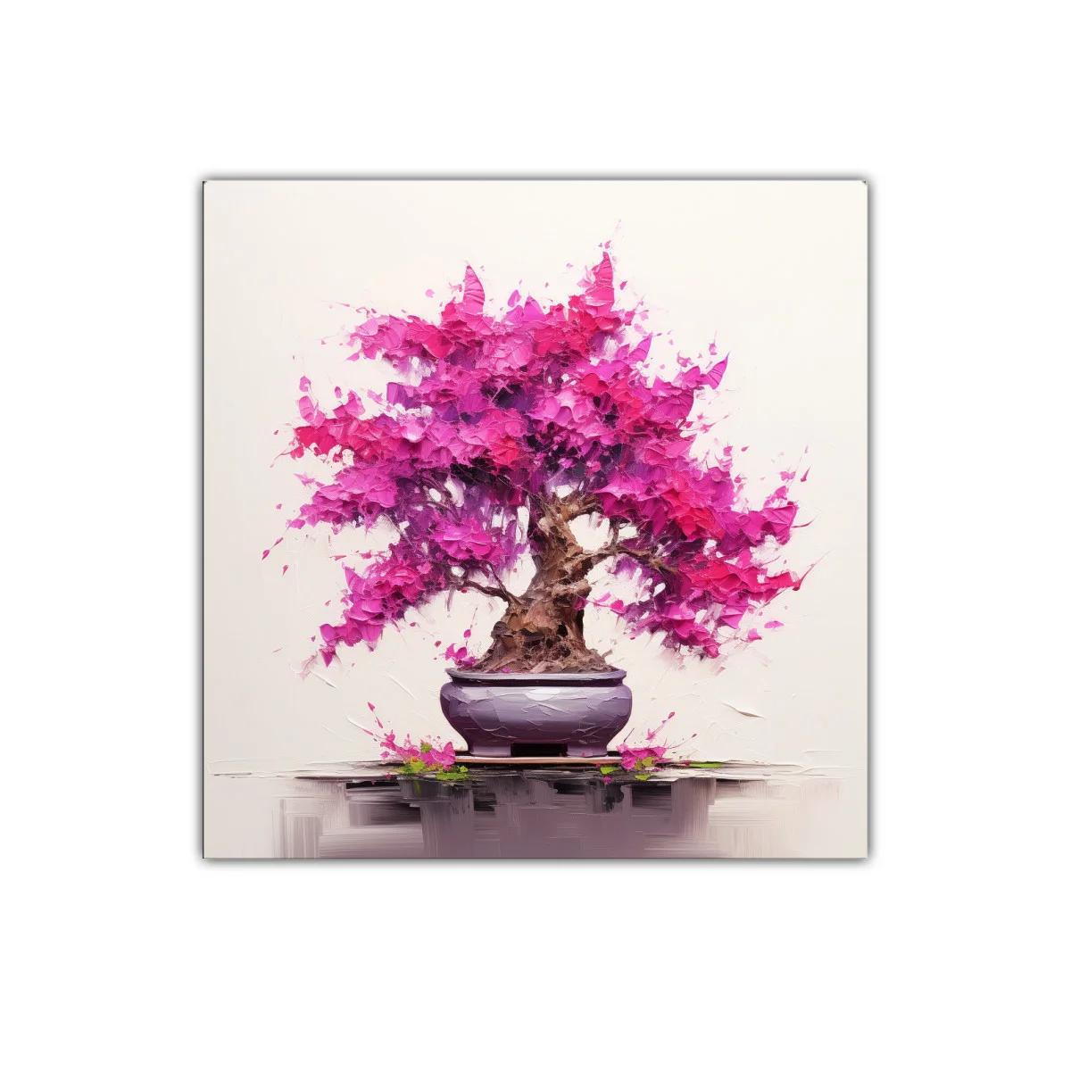 Cuadro decorativo con árbol bonsái y flores rosas intensas — imagen principal