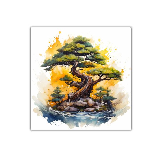Árbol bonsái con paisaje vibrante y acuarela expresiva