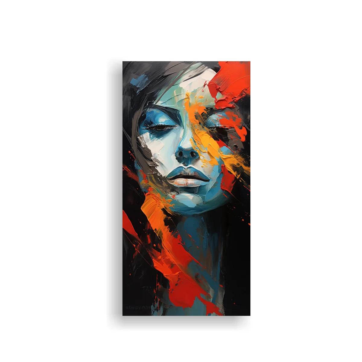 Cuadro rostro de mujer con pinceladas rojas y turquesa