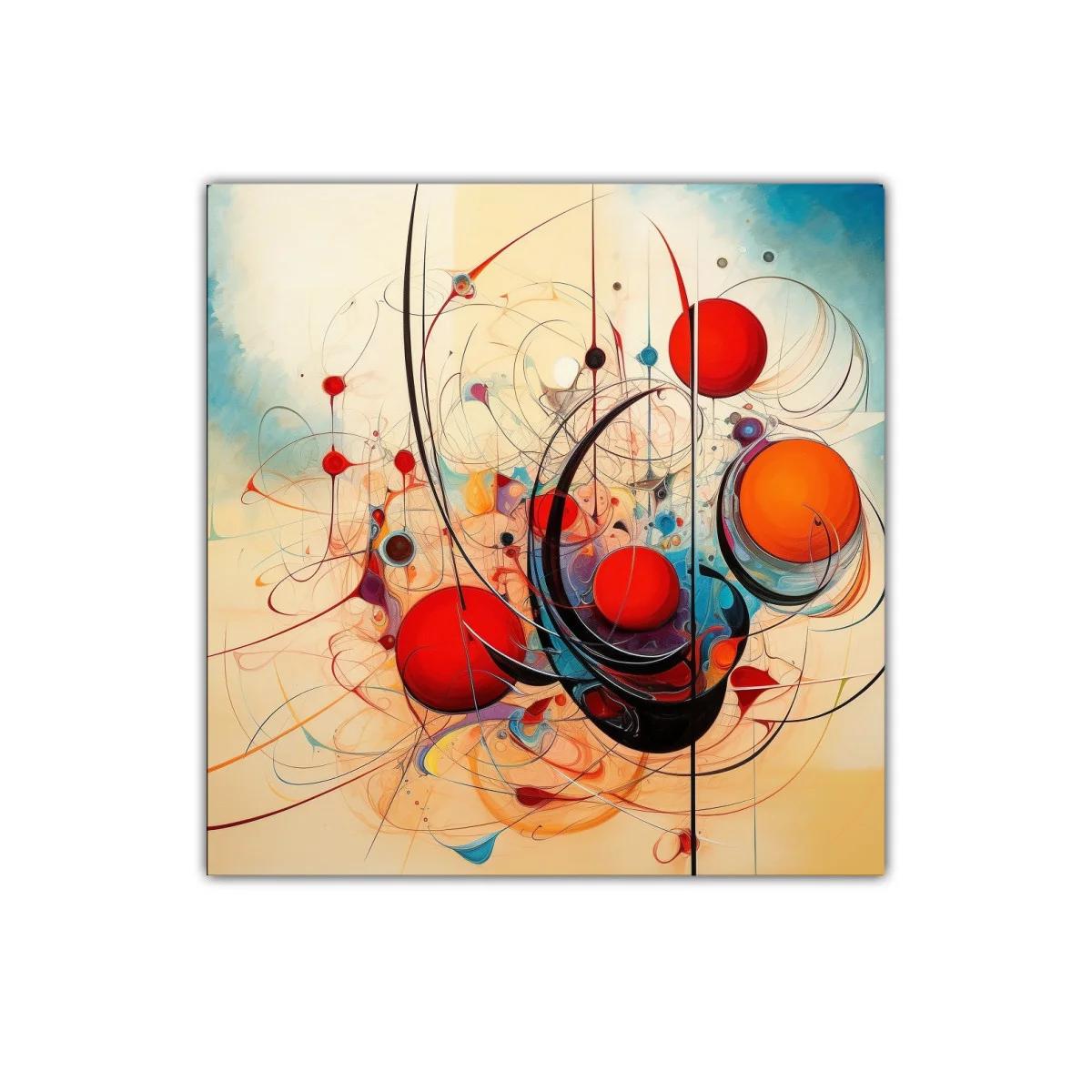 Cuadro abstracto con esferas rojas y trazos curvos dinámicos