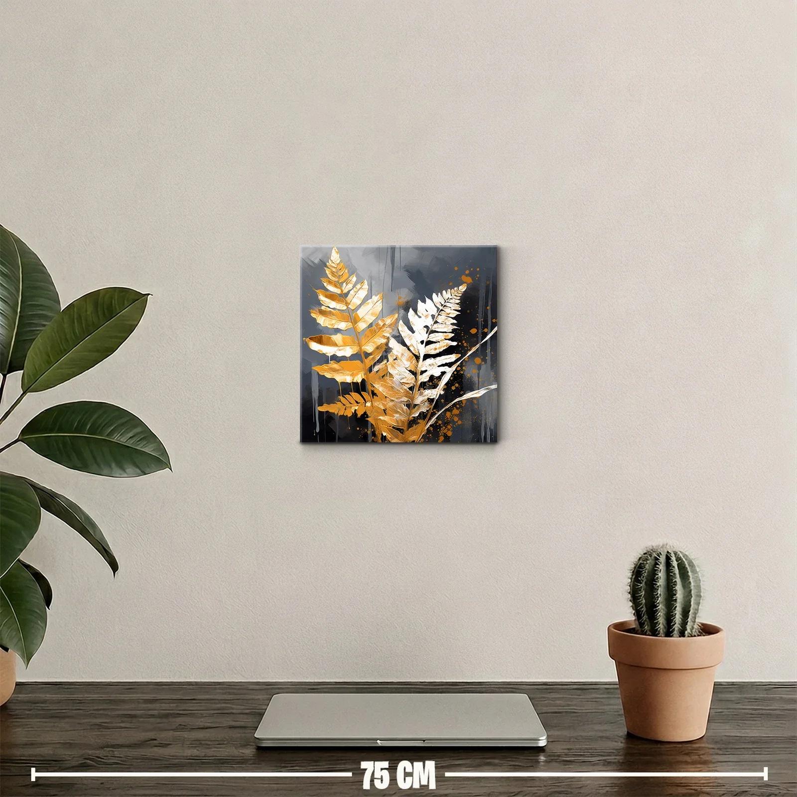 Cuadro decorativo hojas doradas sobre fondo gris oscuro — miniatura 2