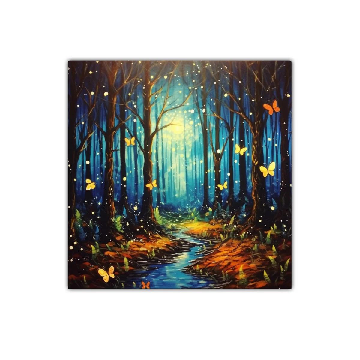 Bosque encantado con mariposas iluminadas y sendero azul — imagen principal