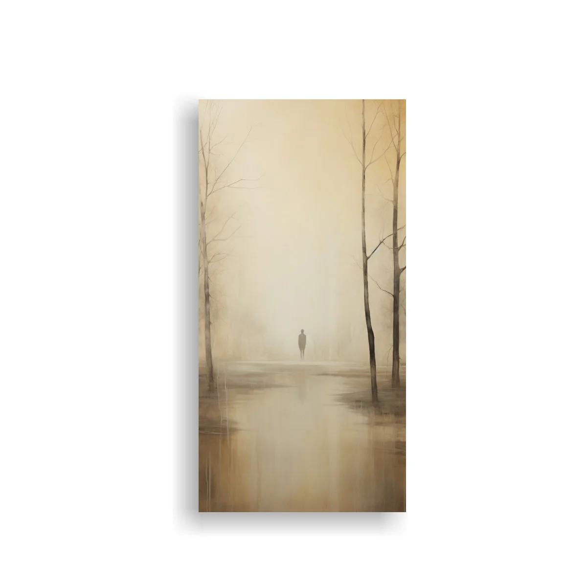 Cuadro figura solitaria entre árboles desnudos y niebla