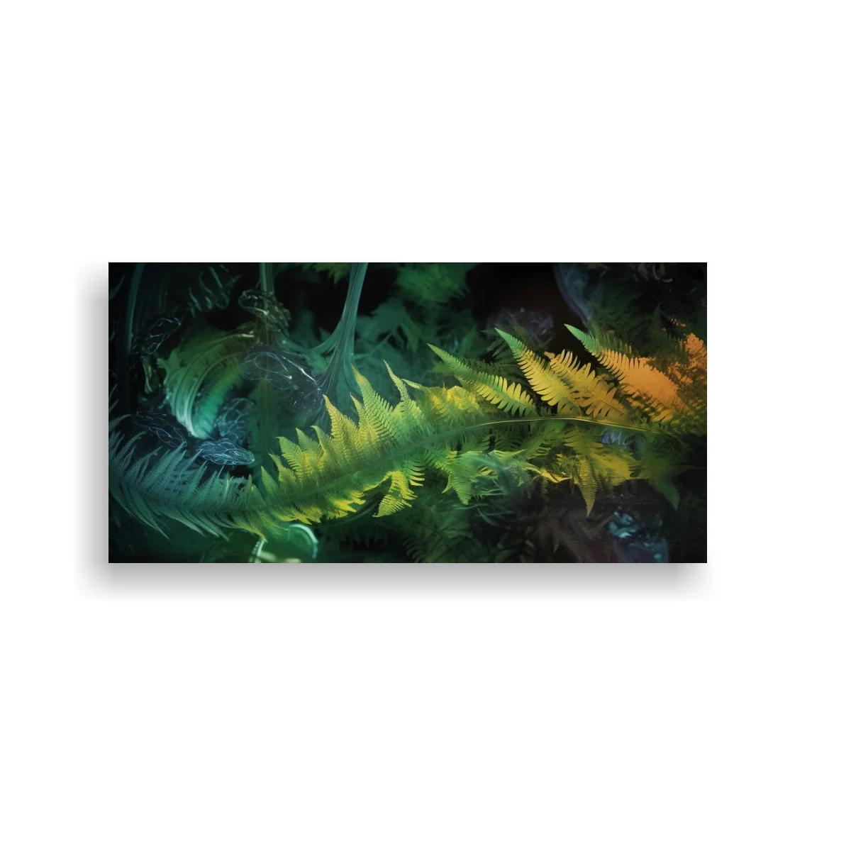 Cuadro helechos con franja luminosa en tonos verdes y dorados