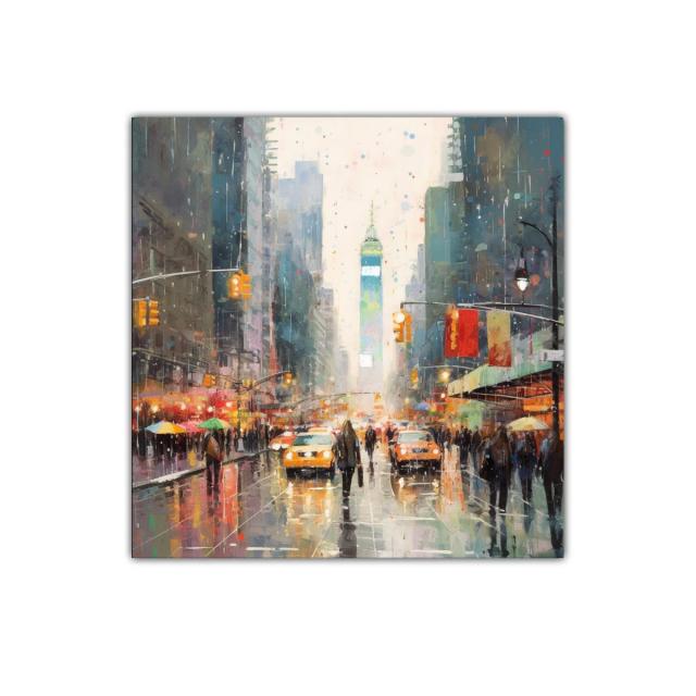 Cuadro urbano con luces vibrantes y calles llenas de vida