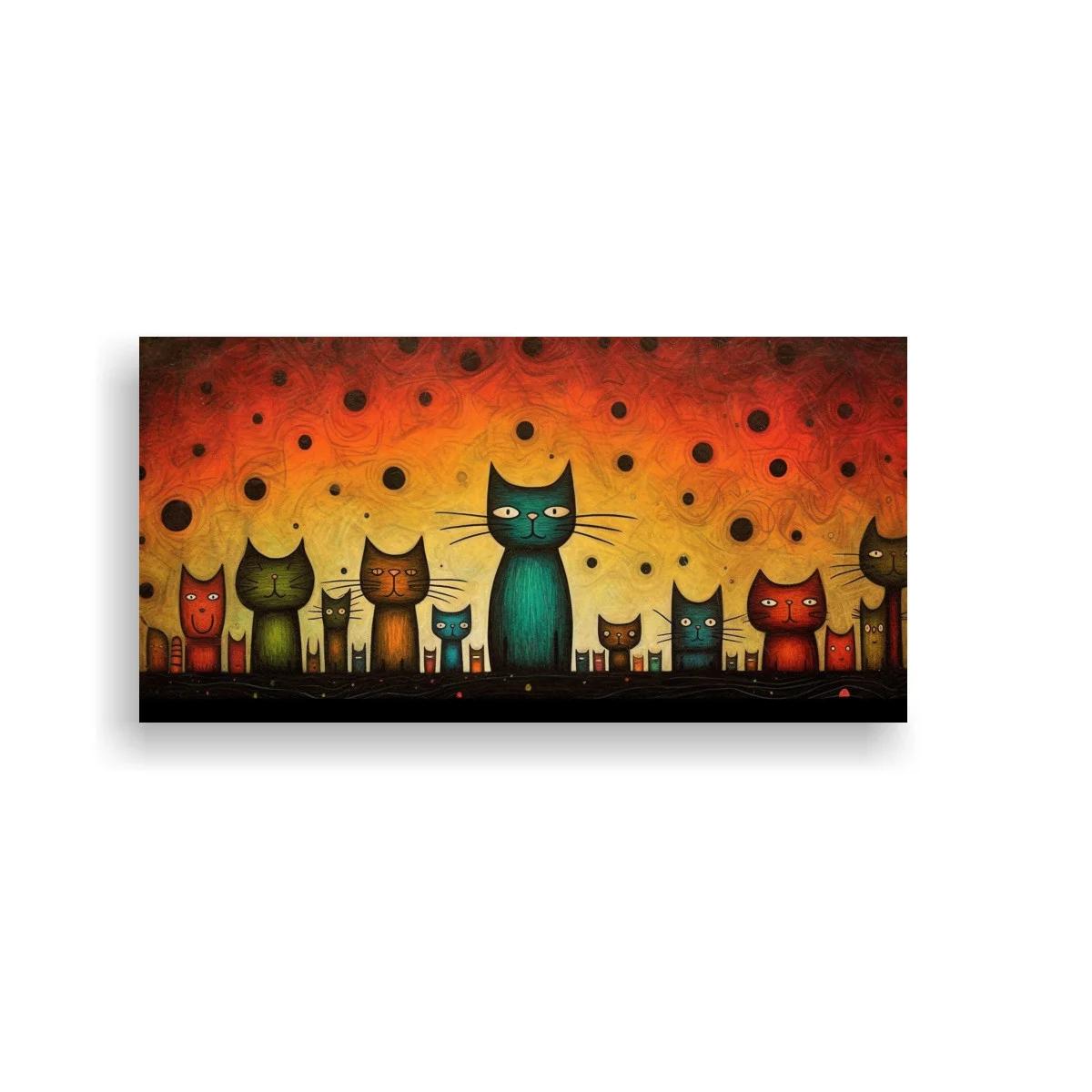 Cuadro gatos de colores con luna creciente