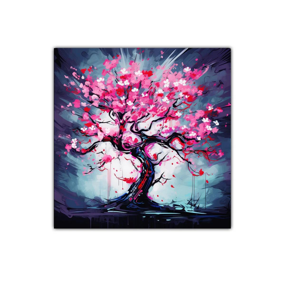 Árbol de flores vibrantes en tonos rosas y rojos