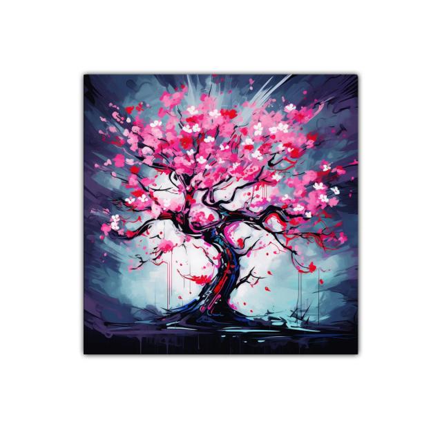 Árbol de flores vibrantes en tonos rosas y rojos