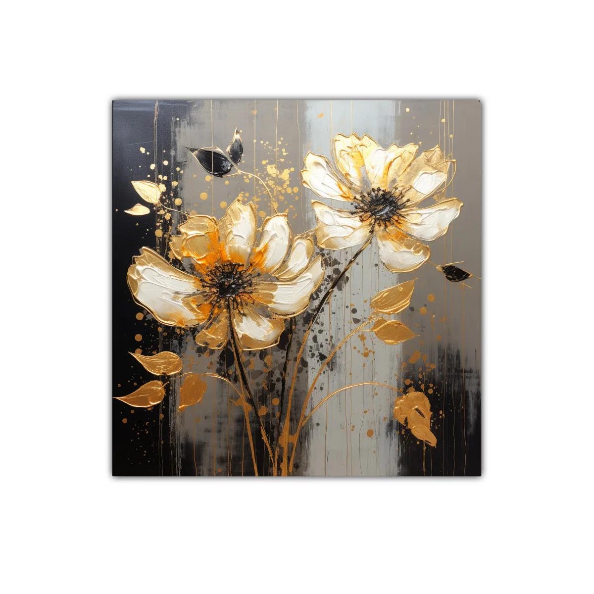 Cuadro floral elegante con tonos dorados y grises
