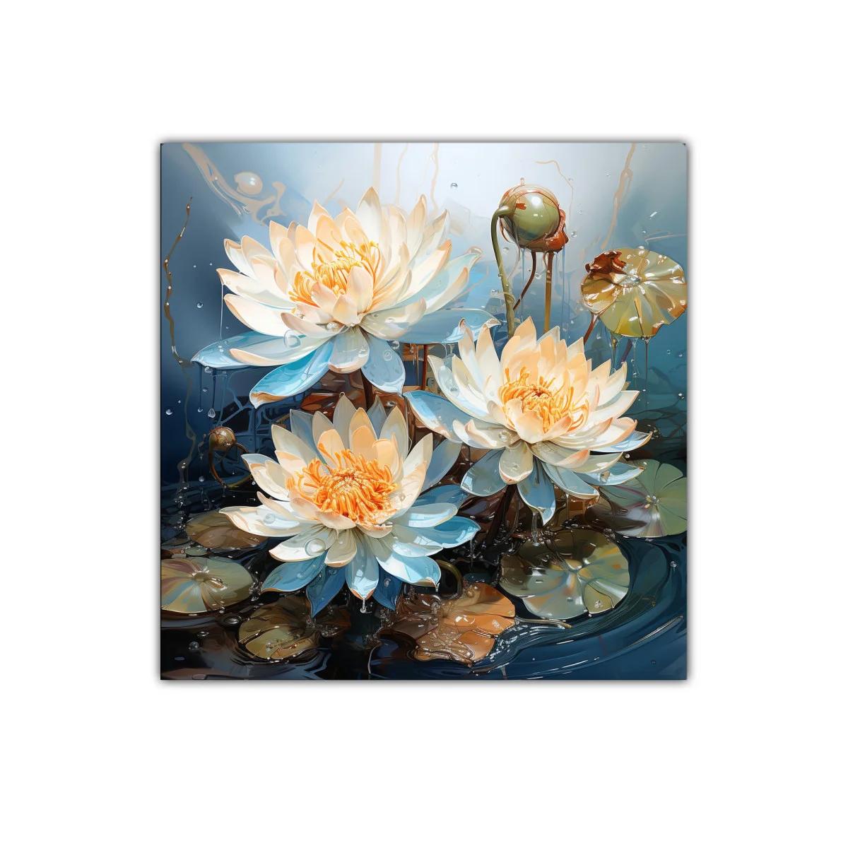 Cuadro decorativo con loto blanco y tonos azules vibrantes — imagen principal