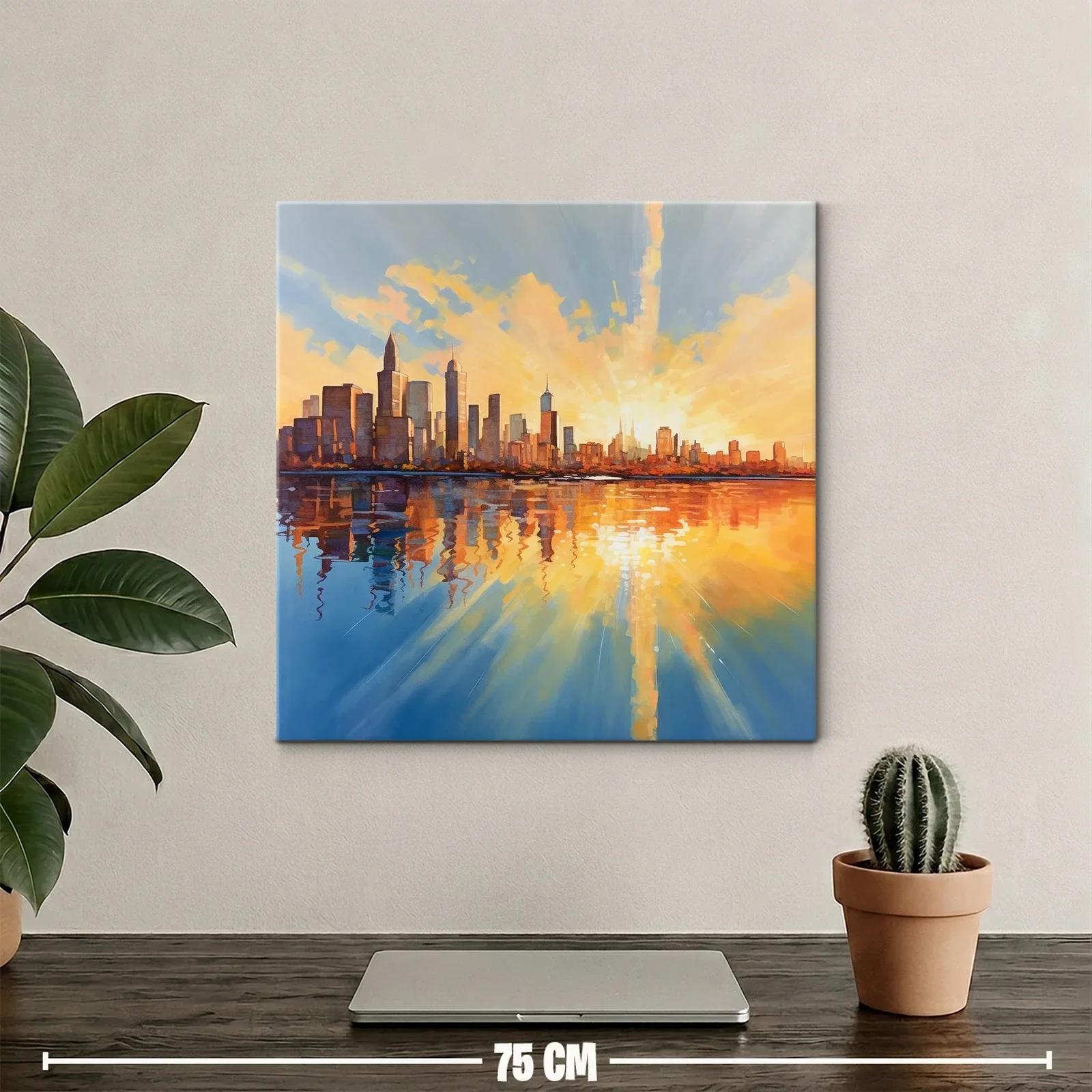 Atardecer vibrante sobre horizonte urbano reflejado en agua — miniatura 2