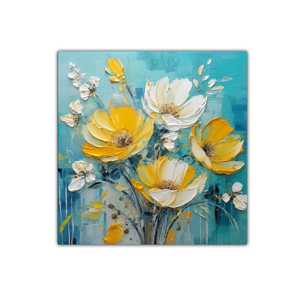 Ramo vibrante de flores amarillas y blancas sobre fondo azul — imagen principal