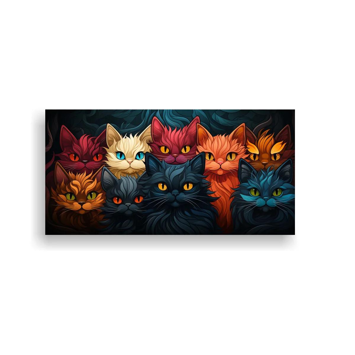 Cuadro grupo de gatos de colores sobre fondo oscuro